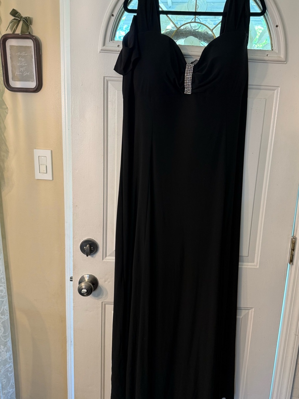 R&M Richards Black Maxi Evening Dress with Rhinestone Detail